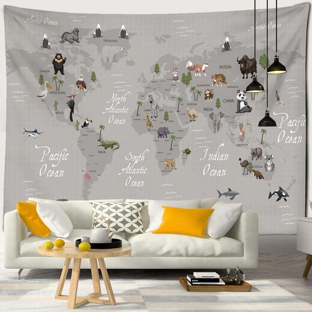 Cartoon Animals Distribution Map Tapestry Wall Hanging Simple Style Cute Hippie Children Kawaii Room Home Decor