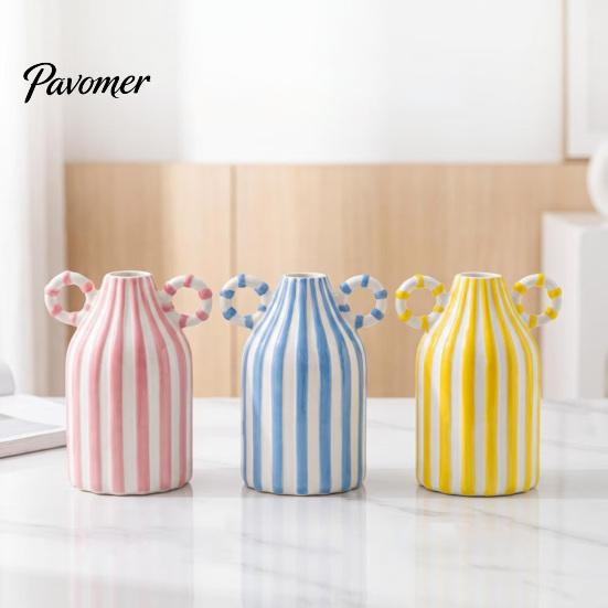 Artistic Home Atmosphere Vase Striped Ceramic Vase, Modern Glossy Hand Painted Flower with Double Fresh Cut Arrangement Ear Handles for Living
