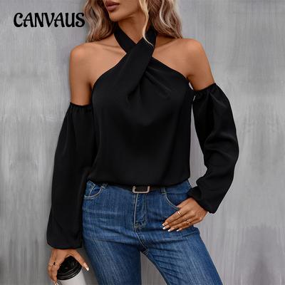 Blusa de mujer de primavera y otoño Color sólido sin tirantes Sexy blusa de manga larga Top