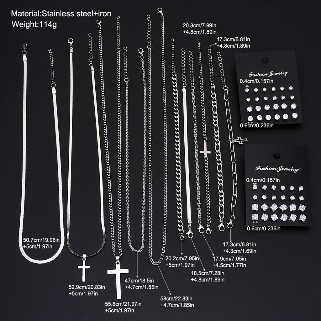 59pcs Stainless Steel Punk Jewelry Set for Men Women Zircon Cross Pendant Necklace Bracelet Earring Sets Unisex Hip Hop Jewelry