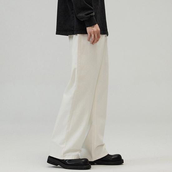 Men Pants Solid Color Straight Wide Leg Retro Style Pants with Pockets Zippered Trousers for Daily Home Streetwear Sports
