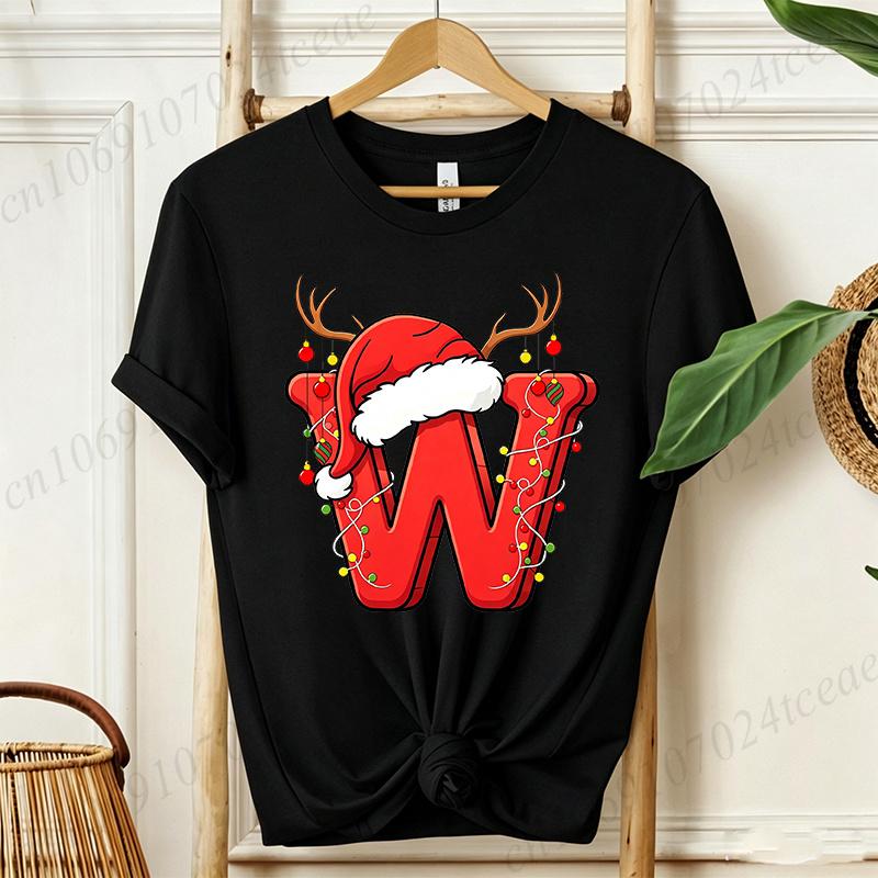 Cute Cartoon Xmas Initial A~Z Graphic T Shirts Christmas Reindeer Lights Print T-Shirts Holiday Party Family Matching Tshirts