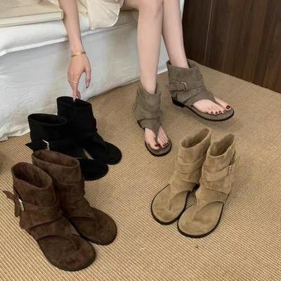 Blogger the Same Style! Internet Celebrity Niche Personality Toe Breathable Roman Cool Boots Women's Casual Flip-flops Flat-bottomed Short Boots