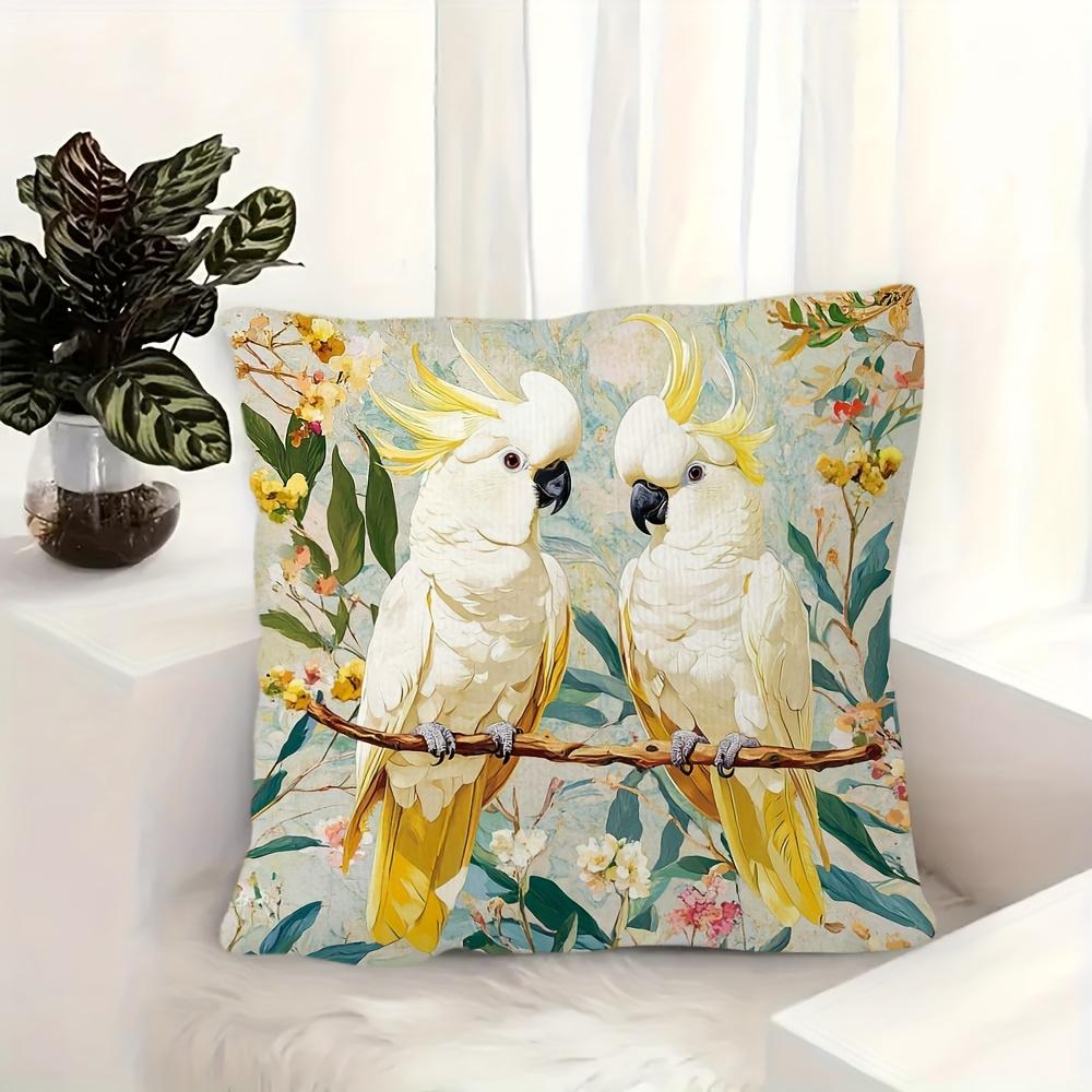 2D Flat- Vintage Tropical Cockatoo Floral Throw Pillow Cover Decorative Square Cushion Case For Home Living Room Bedroom Sofa