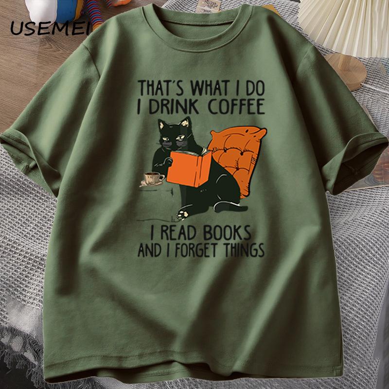 Cute Cat T-shirt for Women Men Books Coffee Cat Print T-shirts Funny Designer Comfortable Male Tee Shirt Male Clothing Shirts