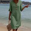 Summer New Cotton Linen V-Neck Buttoned Ruffled Sleeve Dress for Women