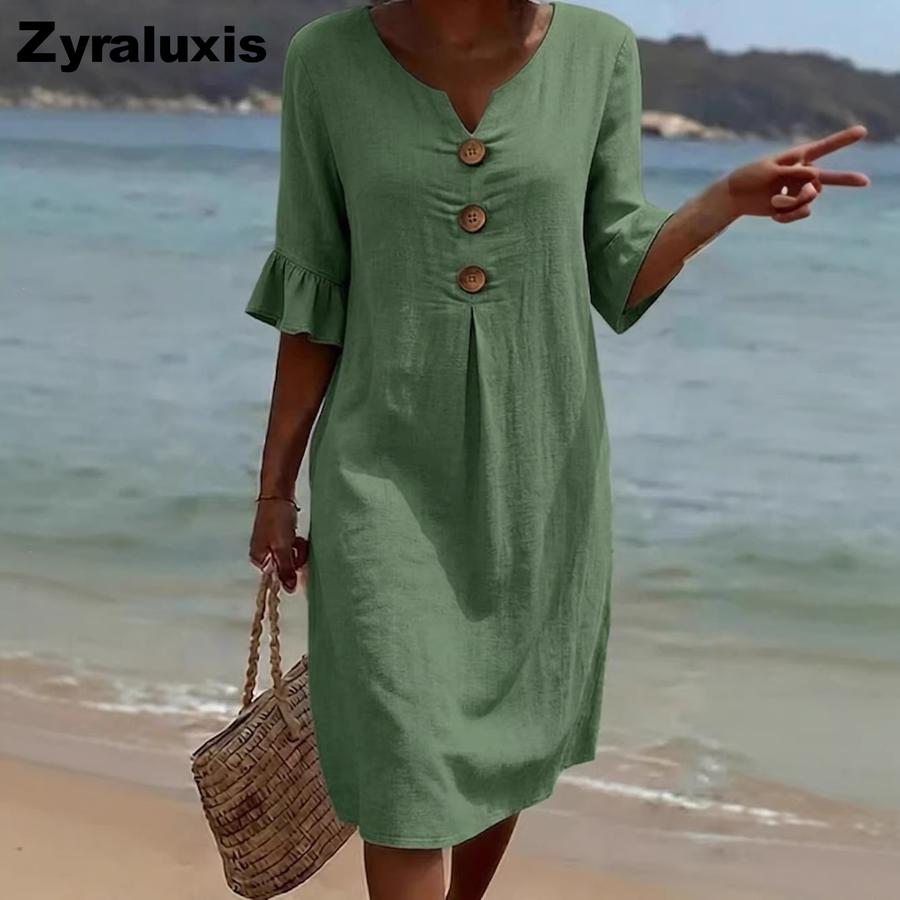 Summer New Cotton Linen V-Neck Buttoned Ruffled Sleeve Dress for Women