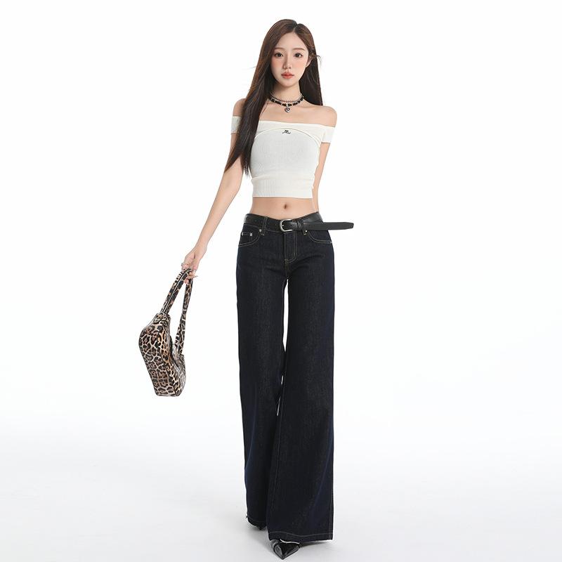 Dark blue low-rise non-stick leg flared jeans women's spring and summer new American retro Spice Girl wide-leg pants