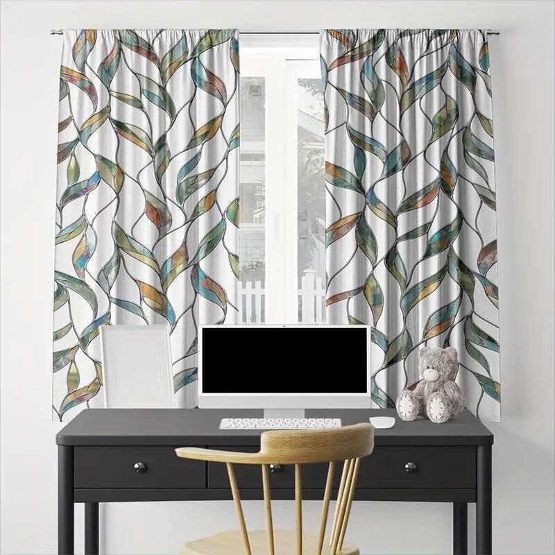 Set Of 2 Colored Imitation Glass Leaf Pattern Printed Curtains Window Decoration Home Room Curtain Polyester