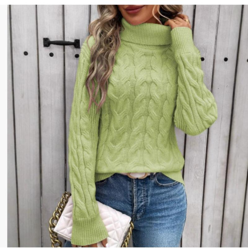 VEZFAA Women's Fashion Casual Fall Winter Solid Color Print Long Sleeve High Neck Sweaters
