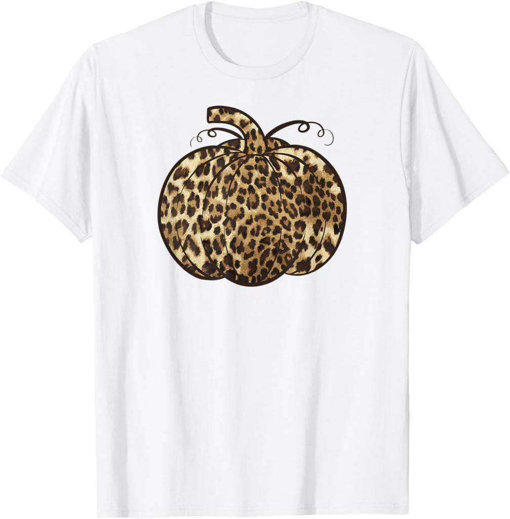 Pumpkin Leopard Print Cheetah Fall Graphic Thanksgiving Tshirt 100 Cotton Trendy Y2k Shortsleeve Tee Soft Quickdrying