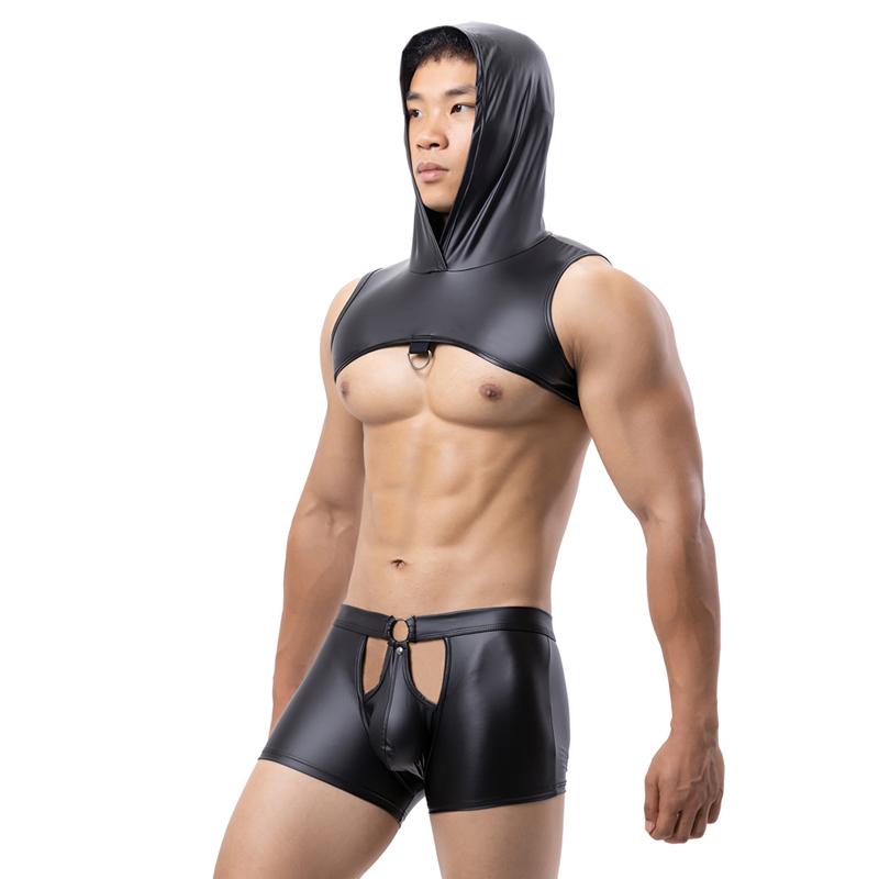 Mens Sexy Hollow Faux Leather Boxer Shorts Erotic Rave Costume Sleeveless Hooded Nightclub Outfit