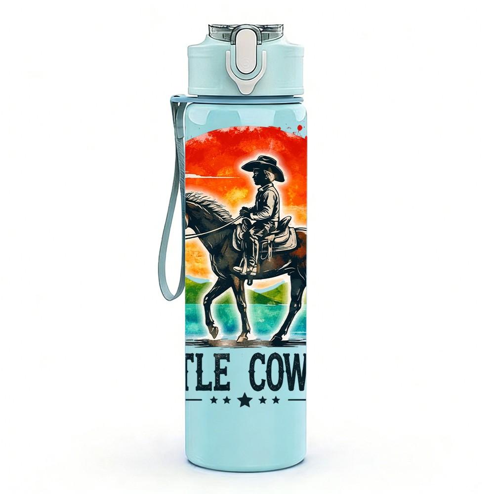 1PC Little Cowboy Horse Rider Western Print 750ml Color Plastic Sports Water Bottle Leakproof Flip Straw Lid Suitable for Sports Office Home Use