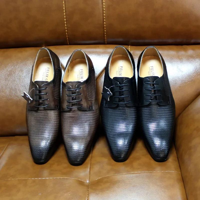 Fashion Italian Men's Genuine Leather Dress Shoes Lace-Up Business Formal Oxford Derby Shoes Net Print Office Suit Footwear
