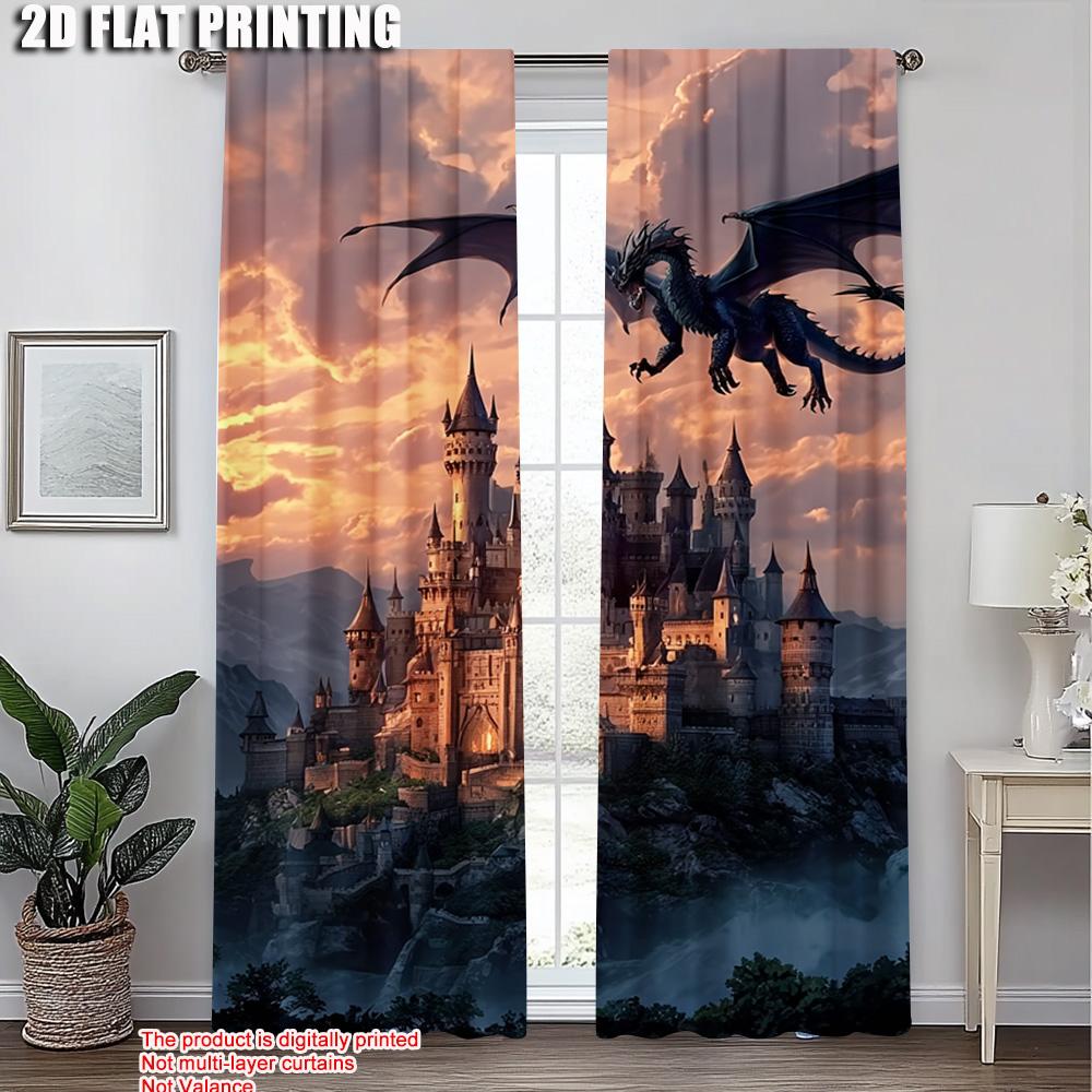 Set Of 2 Plane Printing Pattern Curtains Fantasy Dragon City Scene Versatile Durable Polyester Without Rod Festive Perfect Curtain