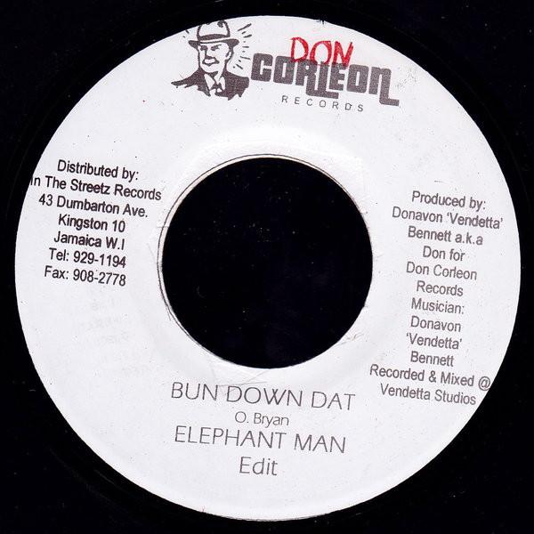 

7-дюймовая пластинка ELEPHANT MAN - Bun Down Dat NONE Don Corleon Rec 2003 Ямайка Регги, Ска и Даб Б/У
