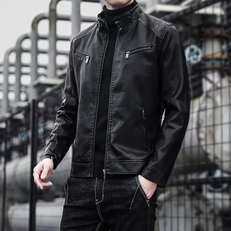 Men's Stand Collar Leather Jacket Autumn and Winter New Tops Men's Velvet Thickened Work Jacket