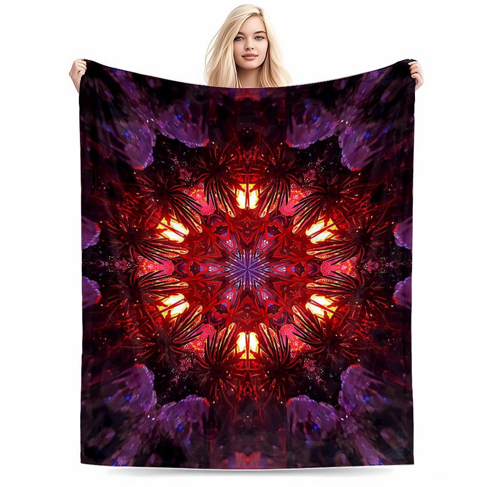 Mandala Pattern Blanket with Red and Purple Abstract Symmetrical Design Blanket, Suitable for Use In the Bedroom, Living Room, On the Sofa