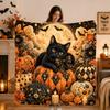 Halloween Black Cat Pumpkin Flannel Blanket Vintage Moon Bat Autumn Floral Print Soft Cozy Holiday Throw Blanket