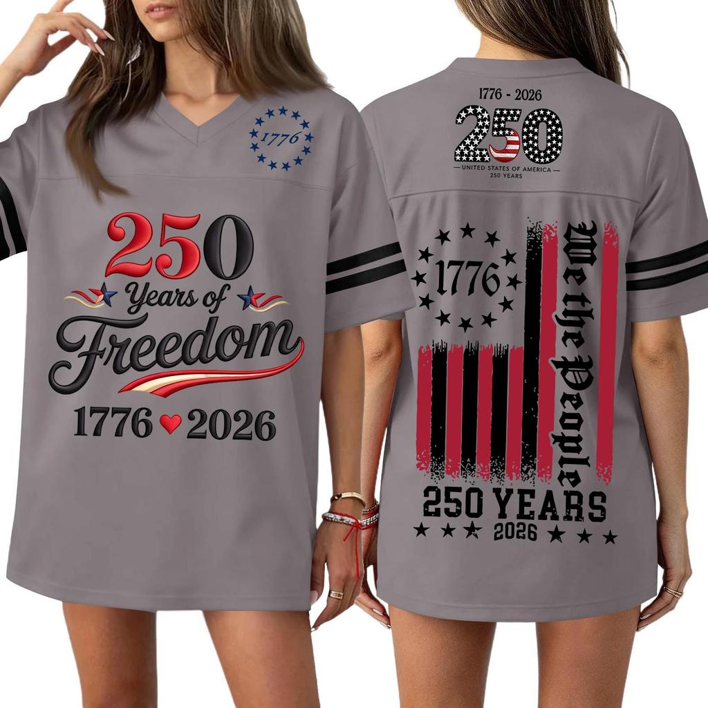 Women Casual V Neck Jersey Shirt 250 Years Anniversary Print Short Sleeve Athletic T Shirt Top for Independence Day Celebration