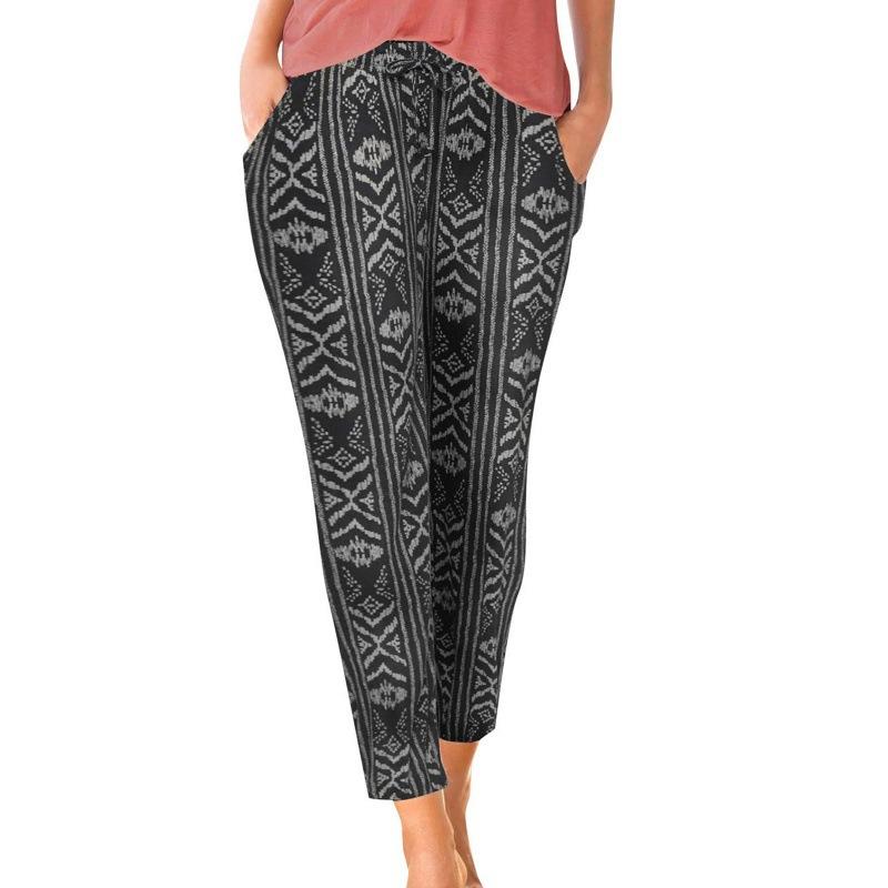 Summer Women's Elastic Waist Beach Vintage Printed Pocket Lace Up Trousers