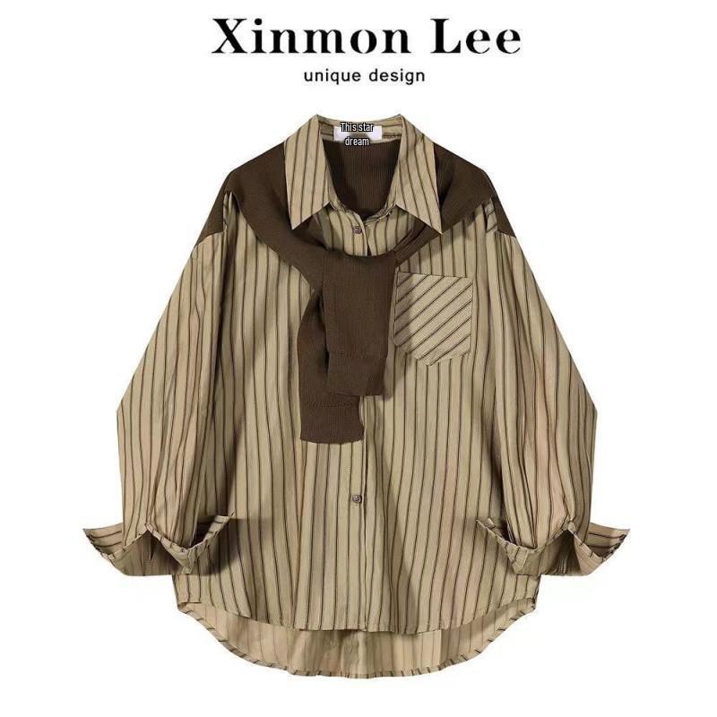 

Женская рубашка с длинным рукавом в полоску во французском стиле с шалевым воротником два в одном M