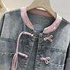 Short Buckle Denim Coat Women Chinese Style Stand Collar Top Spring  Bomber Outerwear Fashion Street Jeans Jacket Female