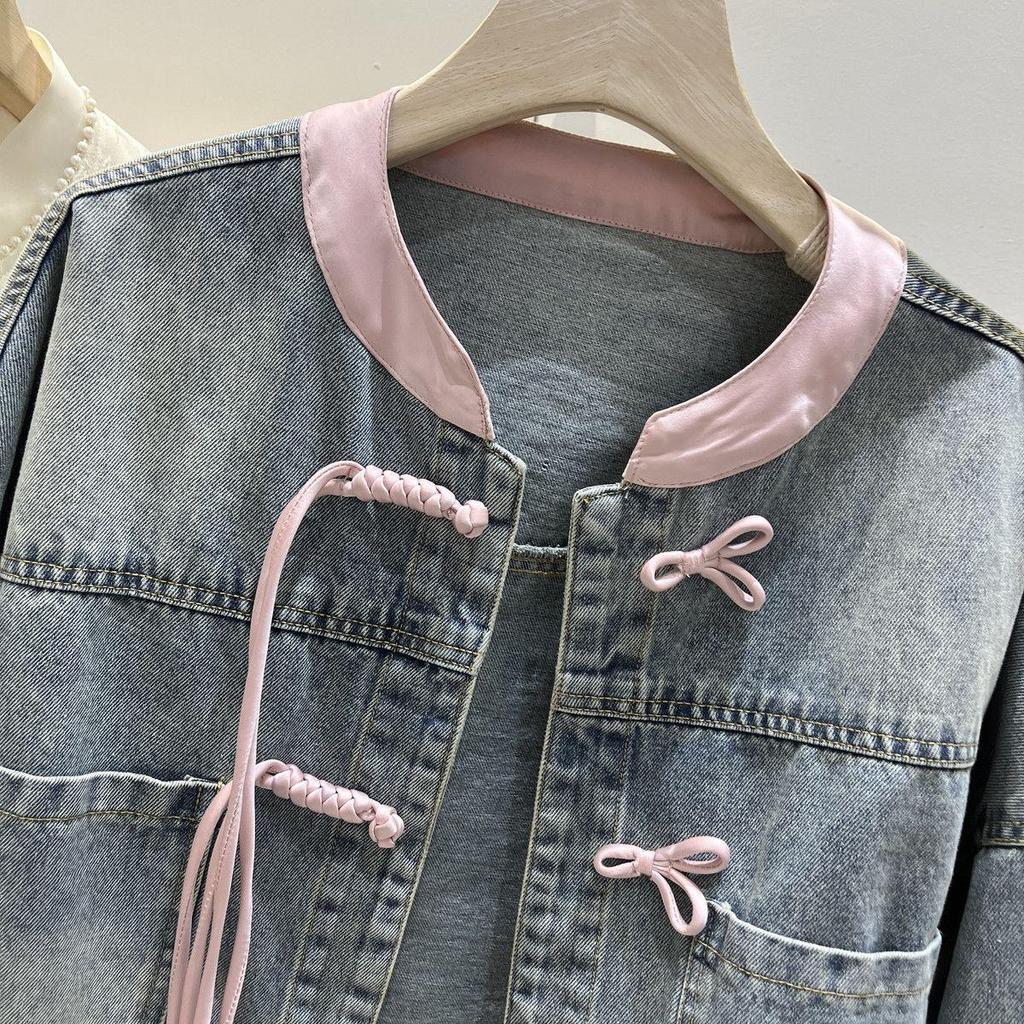 Short Buckle Denim Coat Women Chinese Style Stand Collar Top Spring  Bomber Outerwear Fashion Street Jeans Jacket Female
