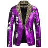 Stage Blazer Shiny Sequin Contrast Color Shining Turn-down Collar Long Sleeves Circus Clothes Concert Flower Print Performance Suit for Nightclub