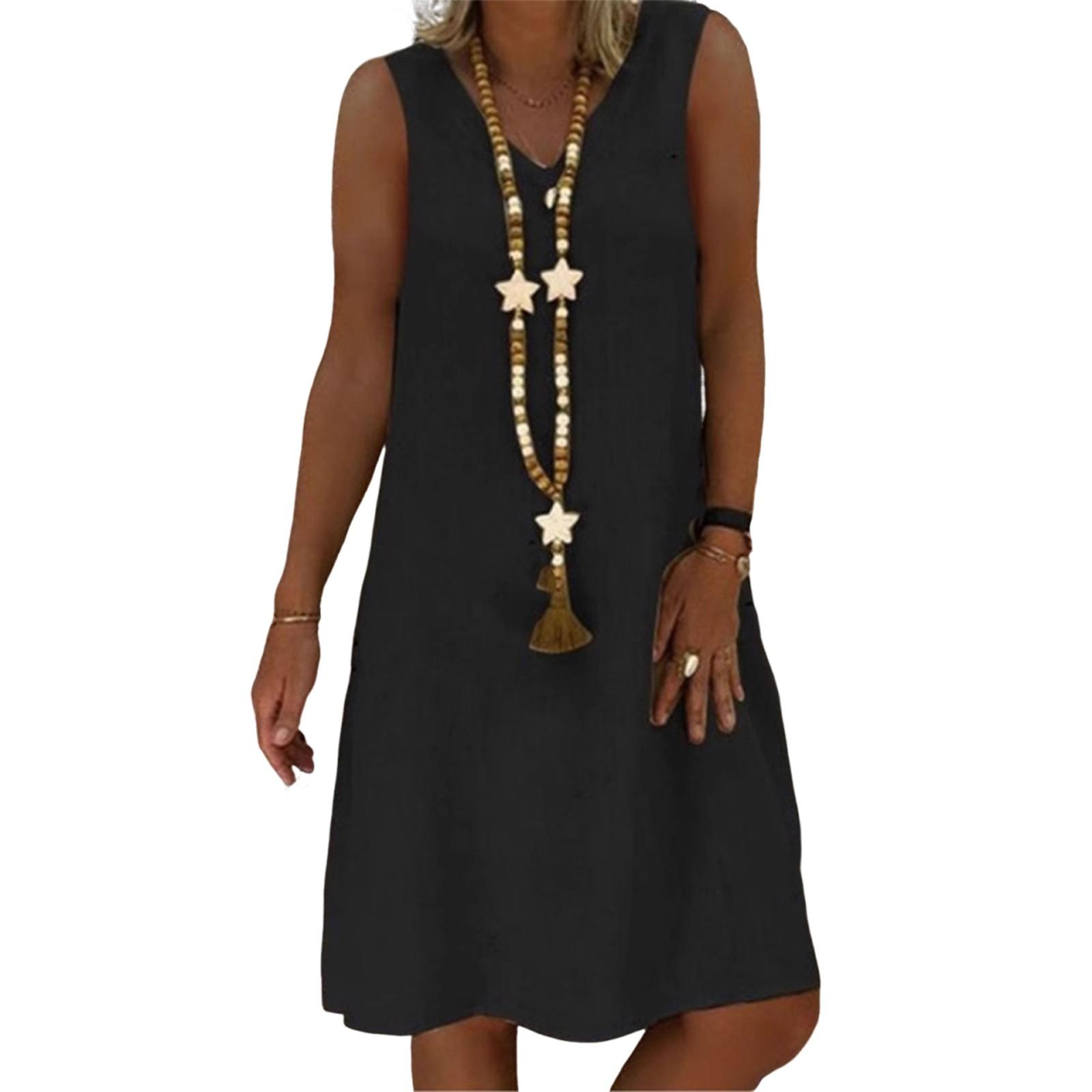 

Women s Dresses Solid Color Vintage V-Neck Cotton Sleeveless Vest Dresses L чорний