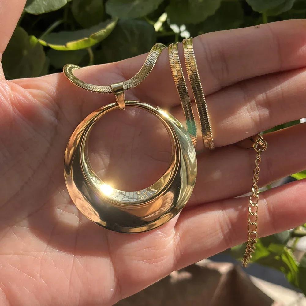 Edelstahl Übertrieben Punk Groß Rund O-förmig Anhänger Halskette Damen Herren Klobig Schlangen Klinge Kette Grunge Steampunk Schmuck