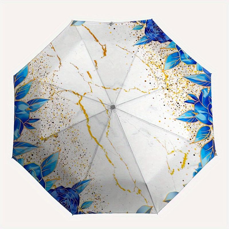 Marble Floral Automatic Folding Umbrella Simple 8 Rib Design, Bright Cartoon Pattern, Durable Iron Frame, Suitable For Travel, Outdoor, Bea