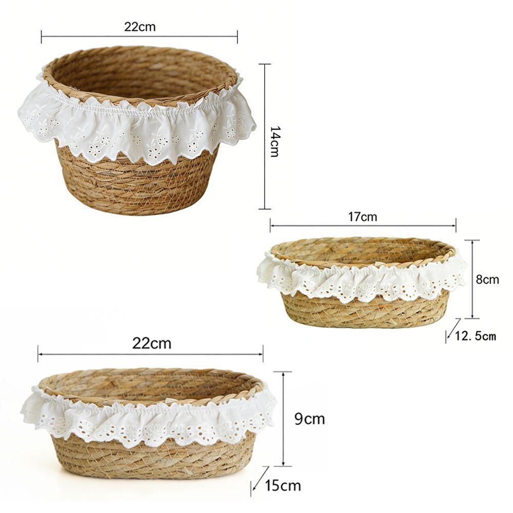 Natural French Style Desktop Woven Basket Oval Round Lace Trim Straw Storage Box Hand Woven Sundries Storage Box Desktop