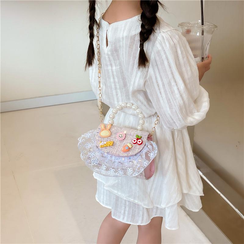 Girls Kids Shoulder Bag Made Of Fine Fiber With Cute Spliced Pattern