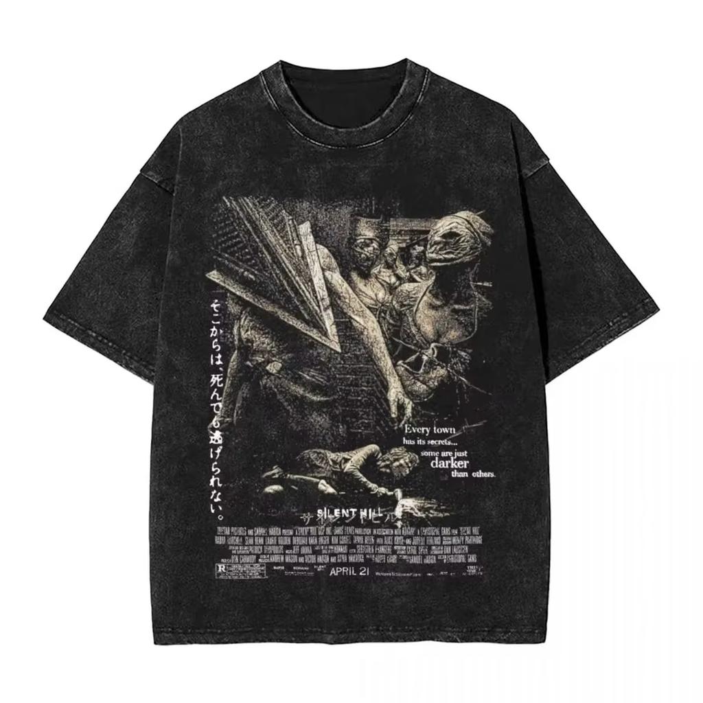 Horror Silent Hill Heavens Night Hip Hop Washed Print T-shirt Men Streetwear Patterned Printed Short-sleeved T-shirt