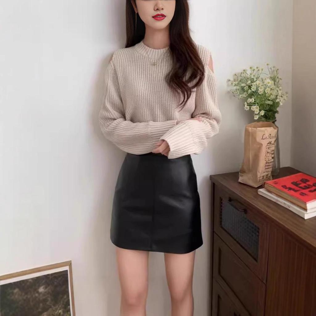 Damen Schwarzer PU-Leder A-Linien Minirock – Slim Fit, Vielseitiger Midi für Herbst/Winter