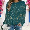 Women Plus Size Teal Floral Printed Round Neck Long Sleeve Pullover Sweatshirt