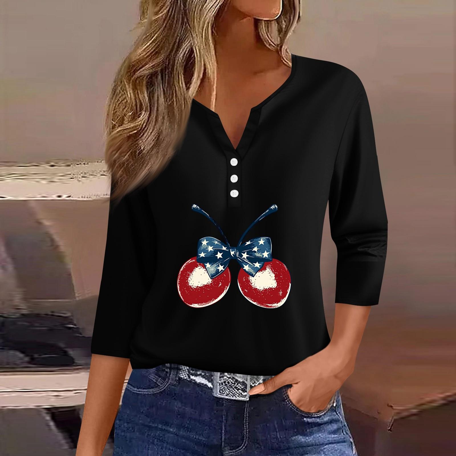 

Жіноча футболка з принтом на ґудзиках, рукав 3/4, повсякденна мода на вихідні, базовий V-подібний виріз, звичайний топ M чорний