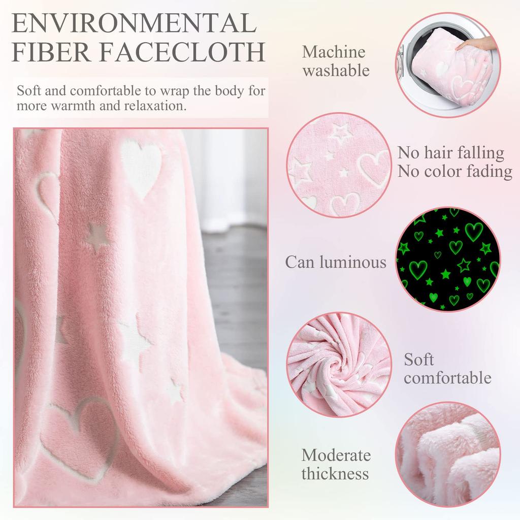 1pc Glow in The Dark Star &Heart Blanket Gifts for 1-10 Year Old Girls&Boys Kids Throw Pink Blanket Soft Flannel Blanket Toys
