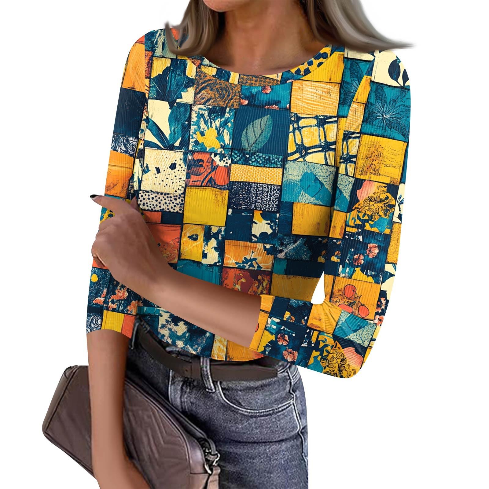 

Женская футболка с зауженным низом, модный повседневный пуловер с круглым вырезом и принтом, топ с семью рукавами M синий