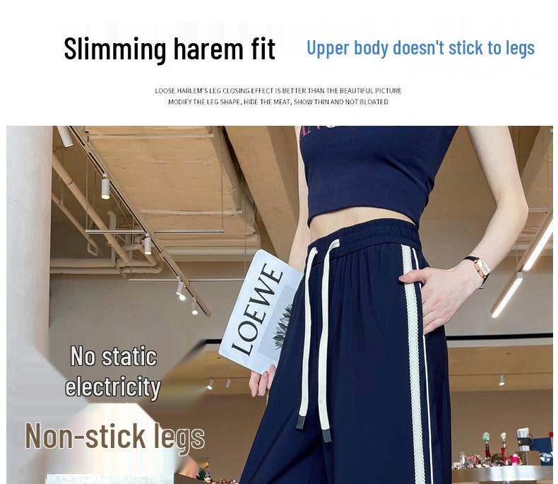 Women's Quick-Dry Ice Silk Wide-Leg Pants with Side Stripe - High Waist, Slimming, Draping Casual Sports Pants
