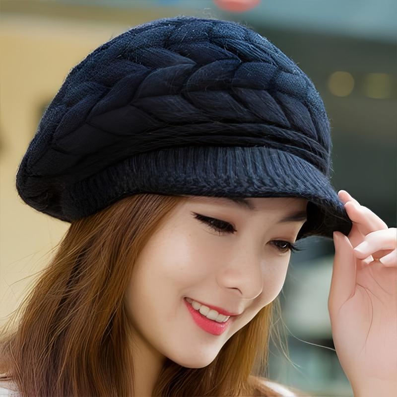 Women'S Autumn/Winter Knitted Hat With Fleece Lining Stylish And Versatile Beret Outdoor Warm Hat