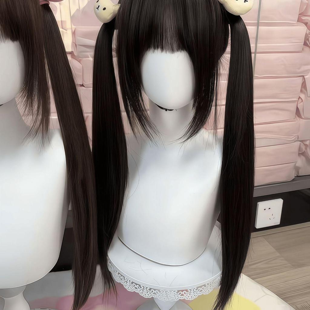 Long Black Straight Lolita JK Double Ponytail Wig for Women