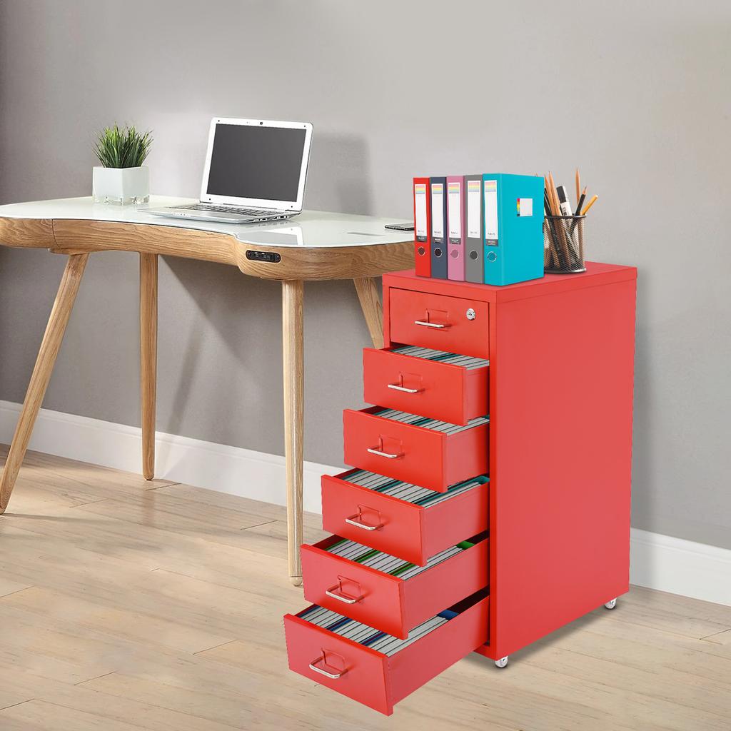 6 Tier Vertical Locking File Cabinet on Wheels, Red Metal Storage, Document Filing with 2 Keys, Multi-Layer Letter Size Cabinet