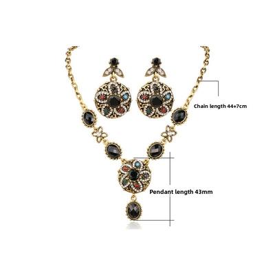 Meier Vintage Court Style Ethnic Necklace and Earring Jewelry Set with Black Gemstone Inlay