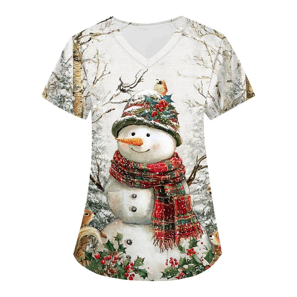 Dámský vánoční potisk volný výstřih do V kapsa krátký rukáv uniforma