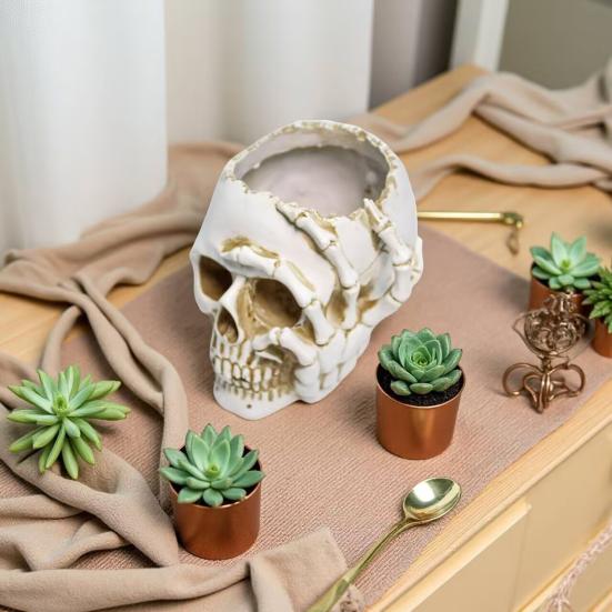 Skull Flower Pot Resin Human Skull Planter Weatherproof Gothic Plant Pot for Planting Succulents Indoor Outdoor Use