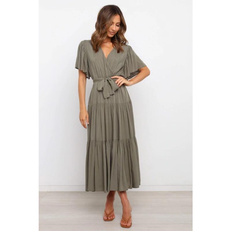 2025 Summer V-neck Short Sleeved Casual Dress Elegant Women Commuter Lace-up Waist Office Casual Party A-line Dresses Female Women's Clothing