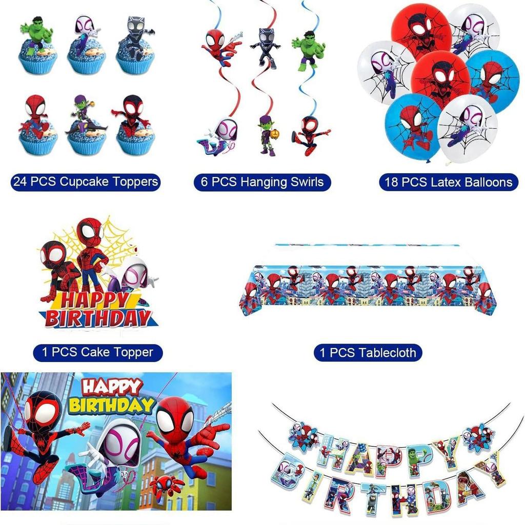 Décorations de Fête Thème Spider-Man pour Anniversaire d'Enfants Banderole Toppers de Gâteau Kit de Ballons