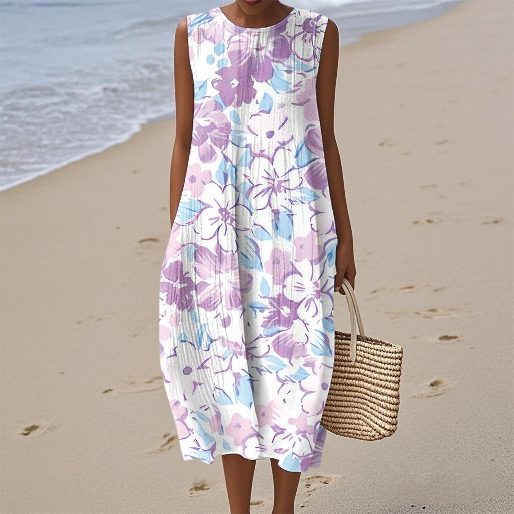 Women's Fashion Casual Sleeveless Round Neck Floral Elegant Temperament Dress